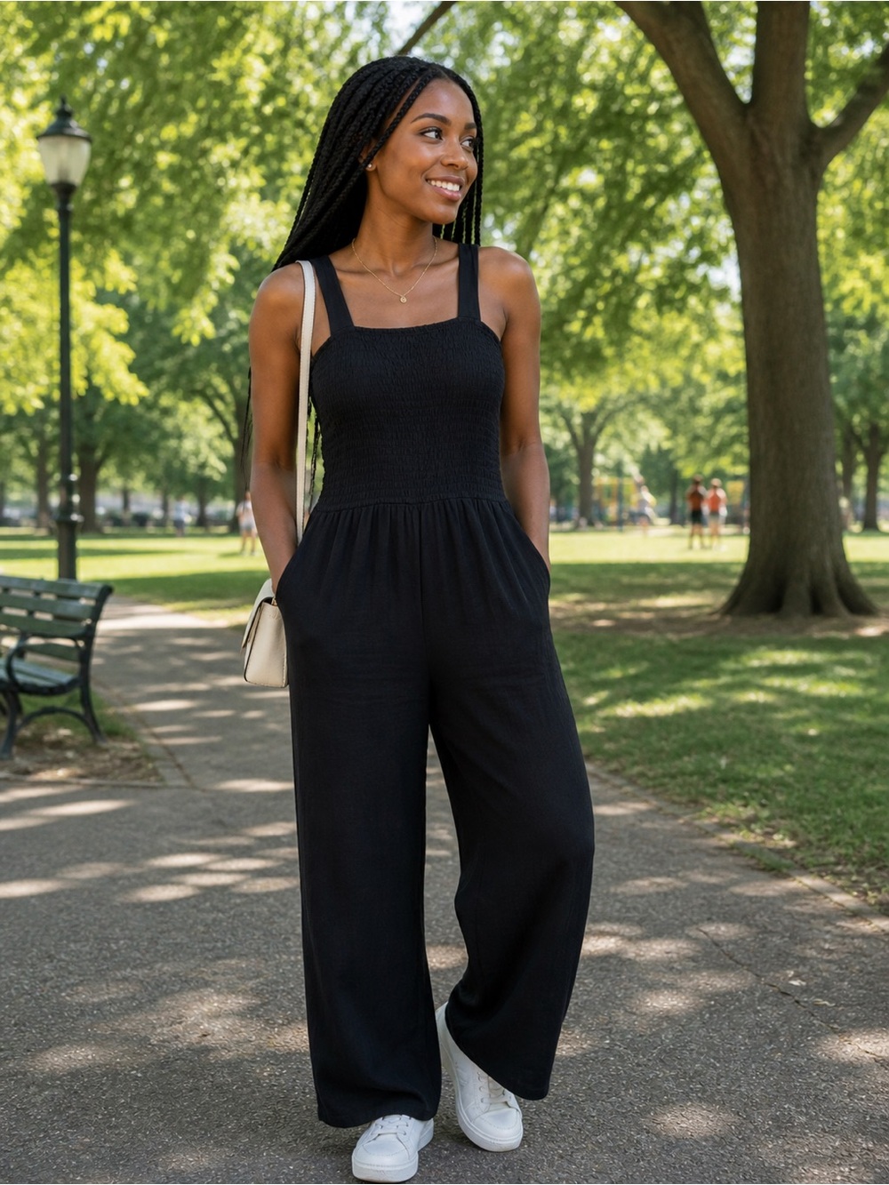 LOFT Black Smocked Wide-Leg Jumpsuit